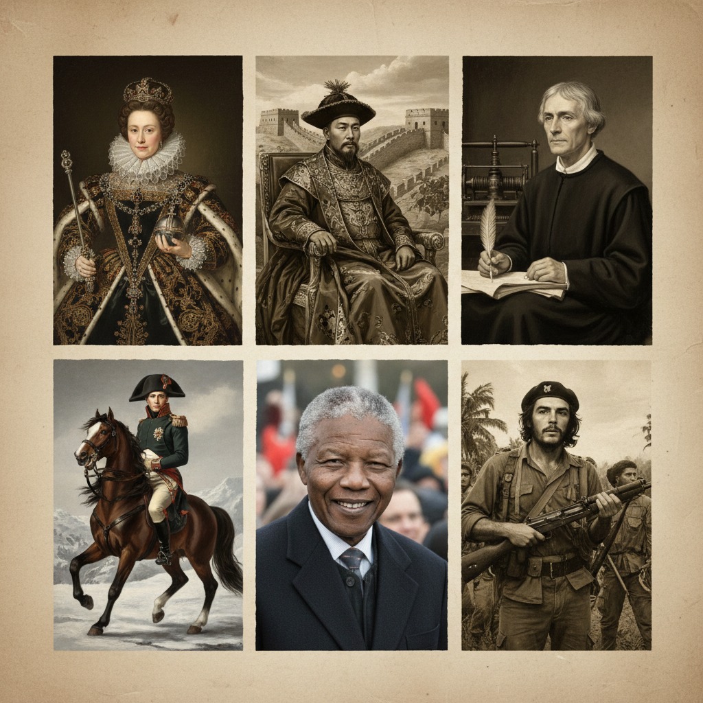 Коллаж из шести портретов исторических личностей, включая королеву Елизавету I, Наполеона на коне и Нельсона Манделу.